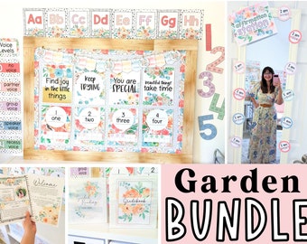 May include: A classroom decor bundle with a floral theme. The bundle includes alphabet posters, number posters, voice level posters, affirmation station posters, and classroom management posters. The posters feature a watercolor floral design with pink, blue, and green colors.