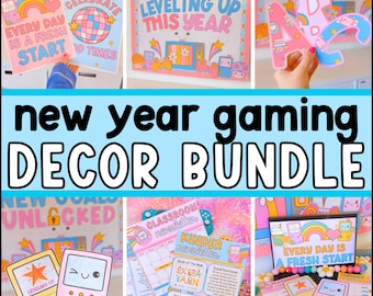 New Year Classroom Decor Bundle, Bulletin Board, Posters, Slides, Newsletters, Student Craft, Goal Setting