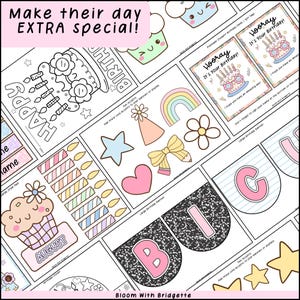 May include: A collection of printable birthday-themed decorations and cards. Includes a cupcake, banner letters, a rainbow, stars, and the text "Make their day EXTRA special!" in pink.