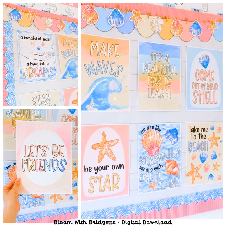 Pode incluir: Um conjunto de 10 cartazes imprim&iacute;veis para sala de aula com tema de praia. Os cartazes apresentam ilustra&ccedil;&otilde;es em aquarela de conchas, estrelas do mar e ondas. O texto nos cartazes inclui frases como "Make Waves", "It's a Beautiful Day to Learn" e "Come Out of Your Shell".