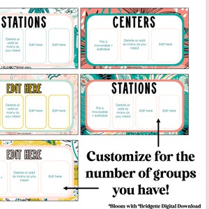 Op de afbeelding: Een downloadbare digitale download voor docenten om een ​​aanpasbaar lesplan te maken met stations of centra. De sjabloon heeft een roze en turquoise bloemenontwerp met bewerkbare tekstvakken.