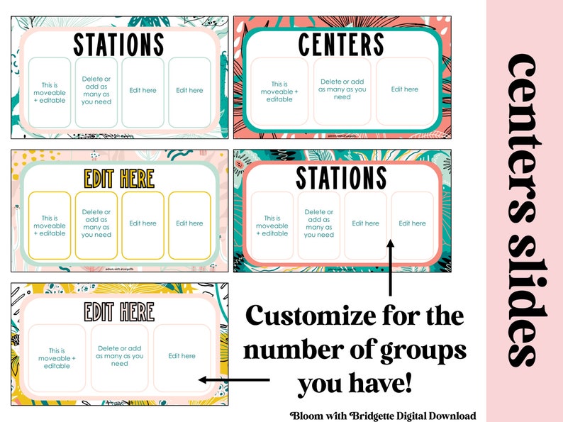 Op de afbeelding: Een downloadbare digitale download voor docenten om een ​​aanpasbaar lesplan te maken met stations of centra. De sjabloon heeft een roze en turquoise bloemenontwerp met bewerkbare tekstvakken.