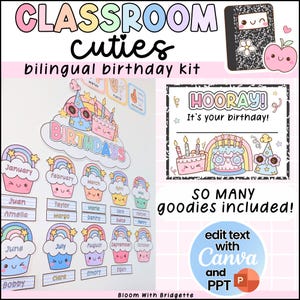 Bilingual Birthday Display, Composition Notebook Classroom Decor, Editable in Canva, Pastel Birthday Chart