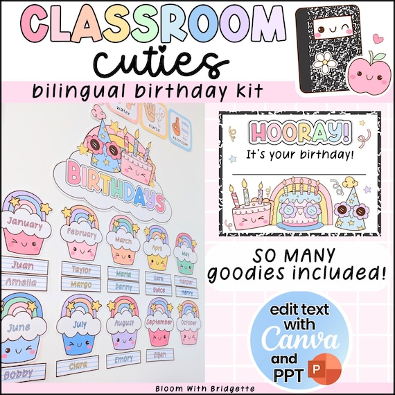 Bilingual Birthday Display, Composition Notebook Classroom Decor, Editable in Canva, Pastel Birthday Chart