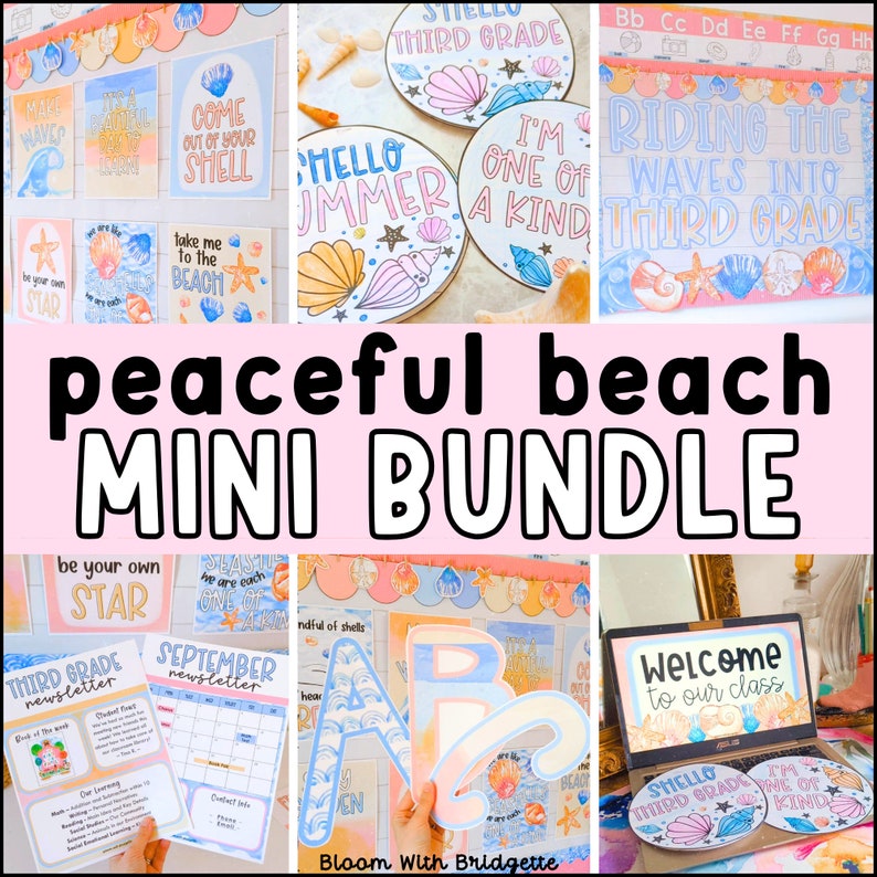 Pode incluir: Uma cole&ccedil;&atilde;o de decora&ccedil;&atilde;o de sala de aula imprim&iacute;vel com tema de praia. A decora&ccedil;&atilde;o inclui placas que dizem "Hello Summer", "I'm One of a Kind", "Come Out of Your Shell", "Take Me to the Beach", "Be Your Own Star", "Riding the Waves into Third Grade", e "Welcome to Our Class". H&aacute; tamb&eacute;m letras do alfabeto, um calend&aacute;rio e um modelo de boletim.