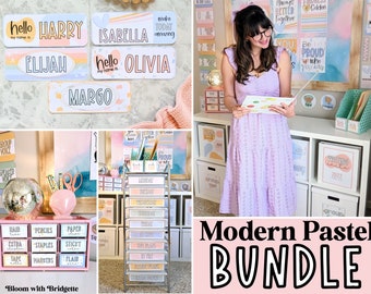 Modern Pastel Classroom Decor Bundle Editable, Calm Classroom Decor, Pastel Classroom Theme, Elementary Classroom Decor, Bilingual Decor