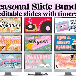 Seasonal Google Slides and PowerPoint Templates with Timers Bundle, Editable Holiday Classroom Decor, Classroom Management, Retro Slides