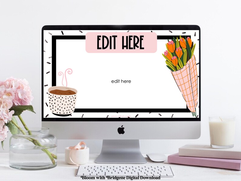 Peut inclure: Un fond d'&eacute;cran num&eacute;rique avec un motif g&eacute;om&eacute;trique noir et blanc. Le fond pr&eacute;sente une tasse de caf&eacute;, un bouquet de tulipes orange et roses et le texte "EDIT HERE".