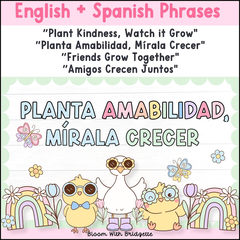 May include: A colorful illustration with a white goose and two yellow chicks wearing sunglasses. The text "PLANTA AMABILIDAD, M&Iacute;RALA CRECER" is written in rainbow colors. The illustration is surrounded by flowers, a rainbow, and butterflies.