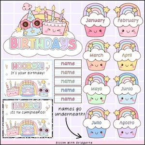 May include: A colorful birthday-themed illustration with the word "BIRTHDAYS" in pastel colors. Includes images of cakes, party hats, and monthly baskets with rainbows. Also features cards that say "HOORAY! It's your birthday!" and "&iexcl;HURRA! &iexcl;Es tu cumplea&ntilde;os!"