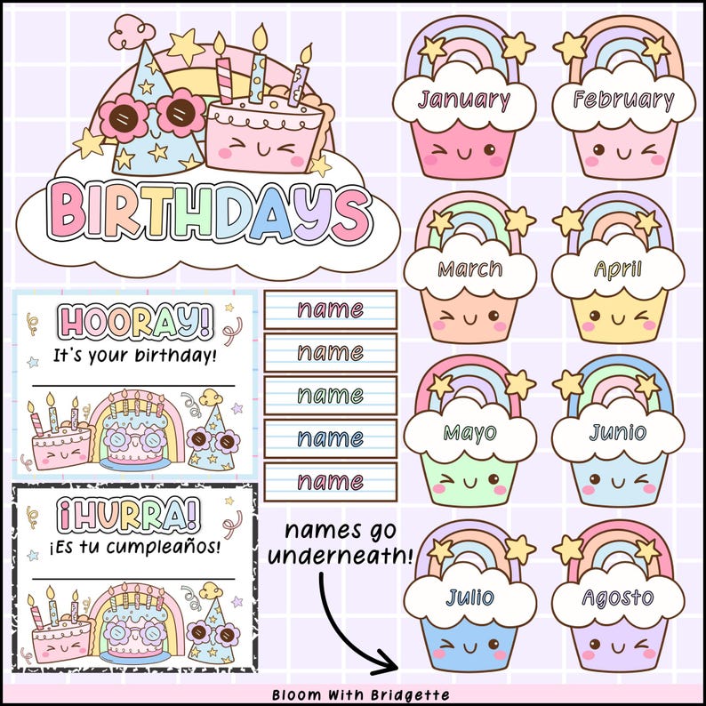 May include: A colorful birthday-themed illustration with the word "BIRTHDAYS" in pastel colors. Includes images of cakes, party hats, and monthly baskets with rainbows. Also features cards that say "HOORAY! It's your birthday!" and "&iexcl;HURRA! &iexcl;Es tu cumplea&ntilde;os!"