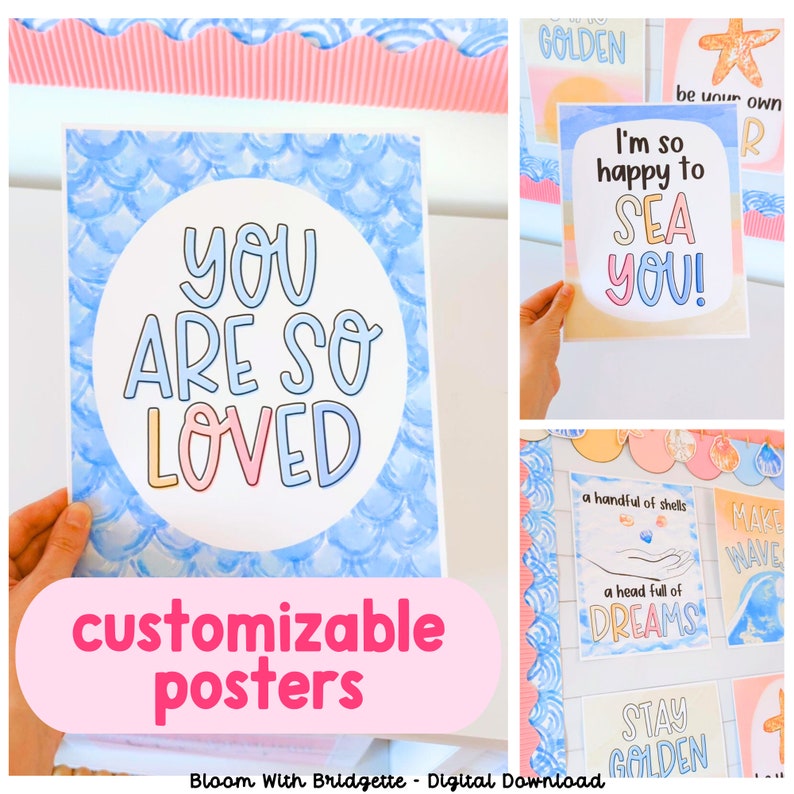 Pode incluir: Um conjunto de cartazes personaliz&aacute;veis com tema de praia. Os cartazes apresentam designs de aquarela azul e rosa com texto que diz "You are so loved", "I'm so happy to sea you!" e "Stay Golden".