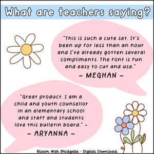 K&ouml;nnte beinhalten: Rosa und wei&szlig;e Sprechblasen mit G&auml;nsebl&uuml;mchen-Illustrationen und dem Text "Was sagen Lehrer?"  "Das ist so ein s&uuml;&szlig;es Set. Es ist seit weniger als einer Stunde aufgestellt und ich habe schon mehrere Komplimente bekommen. Die Schriftart ist lustig und einfach zu schneiden und zu verwenden." - MEGHAN -  "Tolles Produkt. Ich bin Kinder- und Jugendberaterin in einer Grundschule und das Personal und die Sch&uuml;ler lieben dieses Bulletin Board." - ARYANNA - Bloom With Bridgette - Digitaler Download