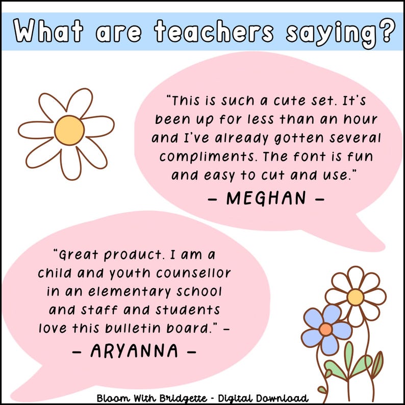 K&ouml;nnte beinhalten: Rosa und wei&szlig;e Sprechblasen mit G&auml;nsebl&uuml;mchen-Illustrationen und dem Text "Was sagen Lehrer?"  "Das ist so ein s&uuml;&szlig;es Set. Es ist seit weniger als einer Stunde aufgestellt und ich habe schon mehrere Komplimente bekommen. Die Schriftart ist lustig und einfach zu schneiden und zu verwenden." - MEGHAN -  "Tolles Produkt. Ich bin Kinder- und Jugendberaterin in einer Grundschule und das Personal und die Sch&uuml;ler lieben dieses Bulletin Board." - ARYANNA - Bloom With Bridgette - Digitaler Download