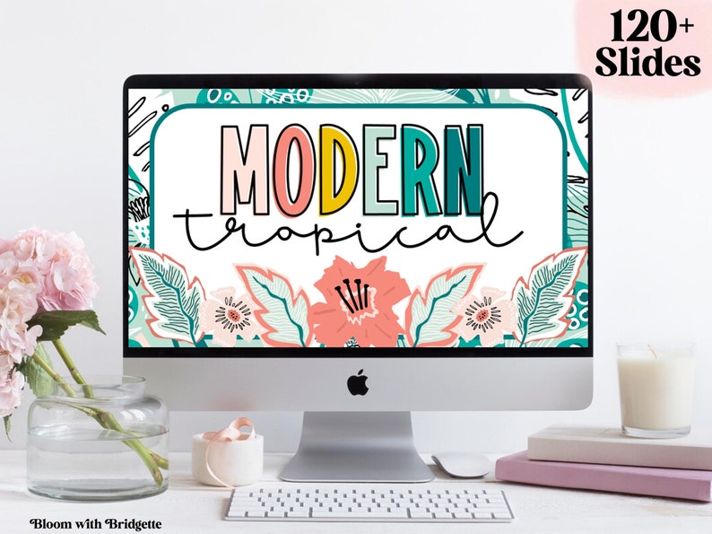 Op de afbeelding: Een computerscherm dat een digitaal ontwerp weergeeft met de tekst "MODERN tropical" in kleurrijke letters. Het ontwerp bevat tropische bladeren en bloemen in tinten groen, roze en blauw.
