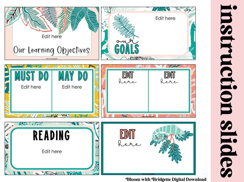 Op de afbeelding: Een set printbare klasdia's met een tropisch thema. De dia's bevatten kleurrijke illustraties van bladeren en bloemen. De tekst op de dia's omvat "Onze leerdoelen", "Moet doen", "Mag doen", "Onze doelen", "Bewerk hier", "Lezen", en "Bewerk hier".