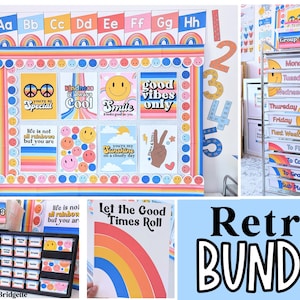 Retro Classroom Decor Bundle, Groovy Rainbow, 70&#39;s Classroom Theme, Editable Classroom Decor, Bilingual Friendly