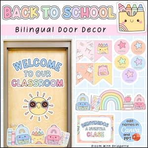 Op de afbeelding: Een set tweetalige deurdecoratiestickers voor de klas, met een vrolijk ontwerp. De stickers bevatten een deurbord met de tekst "Welcome to Our Classroom", samen met illustraties van schoolspullen en de tekst "Back to School" bovenaan.