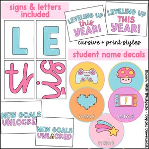 May include: A set of printable student name decals featuring a variety of cute designs, including a video game controller, a mushroom, a heart, a gaming console, and a shooting star. The decals also include the text "Leveling Up This Year!" in cursive and print styles, and "New Goals Unlocked".