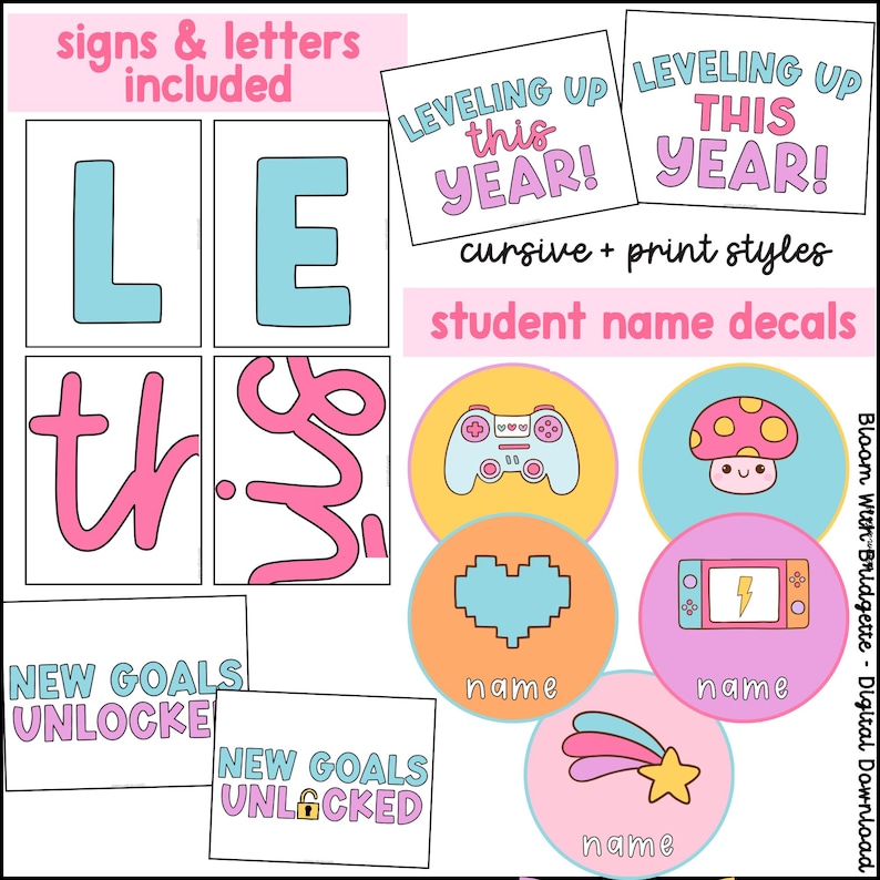 May include: A set of printable student name decals featuring a variety of cute designs, including a video game controller, a mushroom, a heart, a gaming console, and a shooting star. The decals also include the text "Leveling Up This Year!" in cursive and print styles, and "New Goals Unlocked".