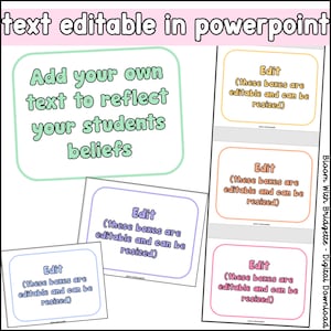 K&ouml;nnte beinhalten: Vier farbige, bearbeitbare Textfelder mit dem Text "Edit (these boxes are editable and can be resized)" in jedem Feld. Die Textfelder befinden sich auf einem wei&szlig;en Hintergrund mit einem gr&uuml;nen, orangefarbenen, violetten und rosa Rand. Der Text "Add your own text to reflect your students beliefs" befindet sich oben im Bild in einem gr&uuml;nen Feld mit wei&szlig;em Rand.