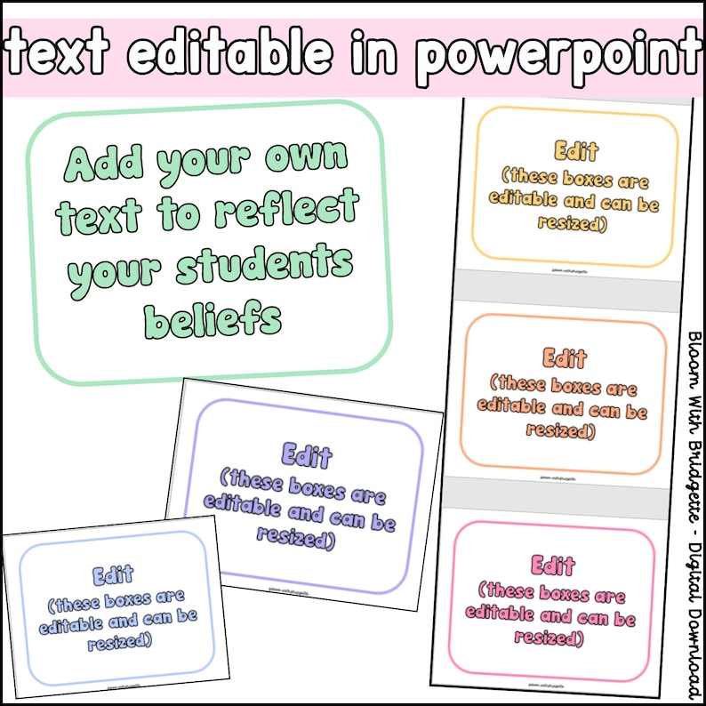 K&ouml;nnte beinhalten: Vier farbige, bearbeitbare Textfelder mit dem Text "Edit (these boxes are editable and can be resized)" in jedem Feld. Die Textfelder befinden sich auf einem wei&szlig;en Hintergrund mit einem gr&uuml;nen, orangefarbenen, violetten und rosa Rand. Der Text "Add your own text to reflect your students beliefs" befindet sich oben im Bild in einem gr&uuml;nen Feld mit wei&szlig;em Rand.