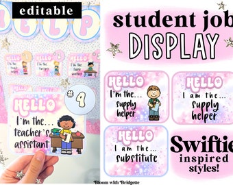 May include: Editable student job display cards with a pink and purple tie-dye background and glitter accents. The cards feature the text "Hello, I'm the..." followed by a job title, such as "Teacher's Assistant" or "Supply Helper". The cards are designed in a Swiftie-inspired style.