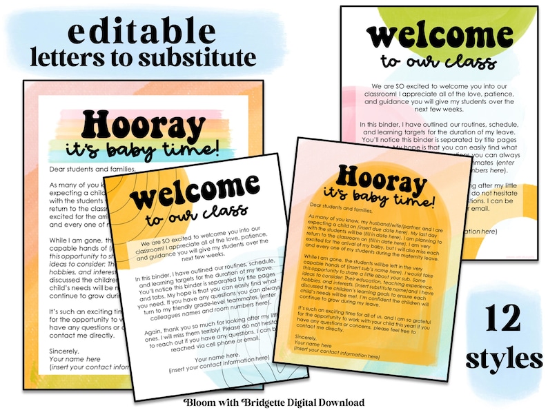 Pu&ograve; includere: Un set di 12 lettere di benvenuto stampabili per insegnanti sostituti. Le lettere sono in uno stile acquerello colorato con il testo "Hooray it's baby time!" e "Welcome to our class".