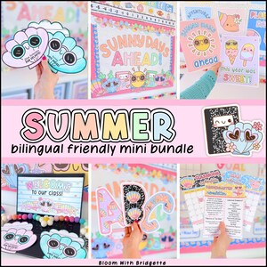 May include: A collection of colorful summer-themed classroom decorations and stationery. The image includes posters, stickers, and cutouts with playful designs like sunglasses, seashells, and ice cream cones. Text includes "Sunny Days Ahead" and "Welcome to our class!"