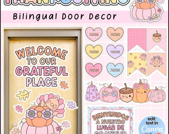 Thanksgiving Door Decor, Bilingual Classroom, Welcome Bulletin Board, Canva