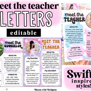 Cartas de presentación del maestro inspiradas en Swiftie, plantilla de presentación del maestro editable, decoración del aula en tonos pastel, regreso a la escuela, carta para el maestro
