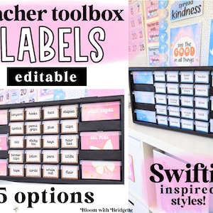 Von Swiftie inspirierte Lehrer-Toolbox-Etiketten, Pastell-Klassenzimmerdekor, bearbeitbares Klassenzimmerdekor, Lehrerorganisation