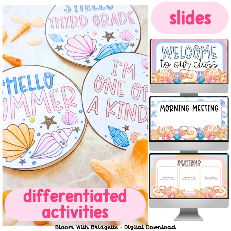 Pode incluir: Um conjunto de slides digitais para uma sala de aula de terceiro ano com um tema de oceano de ver&atilde;o. Os slides incluem um slide de boas-vindas, um slide de reuni&atilde;o matinal e um slide de esta&ccedil;&otilde;es. Os slides apresentam um fundo de aquarela com conchas marinhas, estrelas do mar e outros elementos com tem&aacute;tica oce&acirc;nica.