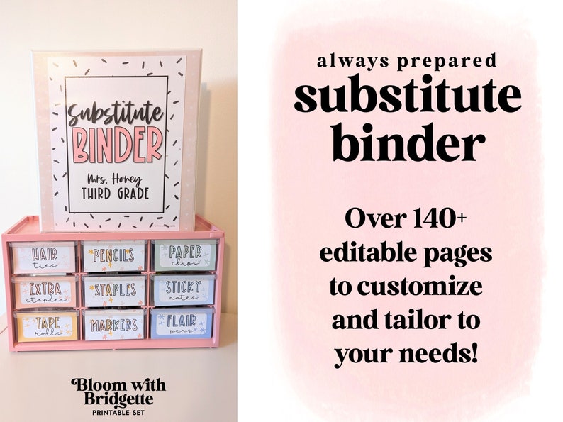 May include: A pink and black substitute binder with the text "Substitute Binder" and "Mrs. Honey Third Grade". The binder is sitting on a pink drawer unit with labels for school supplies.