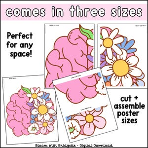 K&ouml;nnte beinhalten: Ein druckbarer Poster eines rosa Gehirns mit Blumen. Der Poster ist in drei Gr&ouml;&szlig;en erh&auml;ltlich: klein, mittel und gro&szlig;. Der Text "comes in three sizes" und "cut + assemble poster sizes" ist im Bild enthalten.