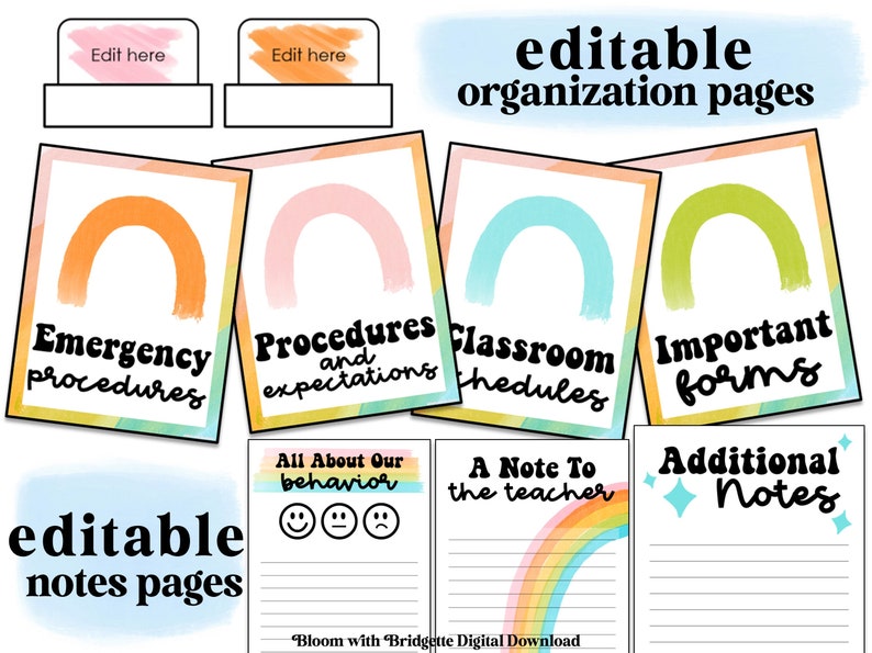 Pu&ograve; includere: Pagine di organizzazione della classe modificabili con sfondi ad acquerello arcobaleno. Le pagine includono sezioni per le procedure di emergenza, gli orari della classe, i moduli importanti, le procedure e le aspettative, tutto sul comportamento, una nota per l'insegnante e note aggiuntive.