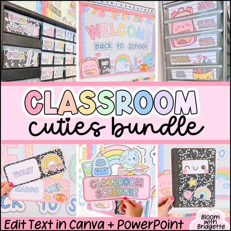May include: A classroom bundle with the text "CLASSROOM cuties bundle". The image includes a welcome sign, schedule cards, labels, and a notebook. The welcome sign says "WELCOME back to School!" and the schedule card says "CLASSROOM SCHEDULE".