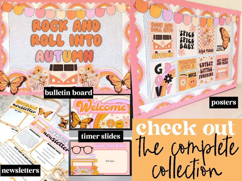 May include: A collection of retro-themed classroom decor, including a bulletin board with the text "Rock and Roll into Autumn", posters, newsletters, and timer slides. The color palette includes orange, pink, and yellow.