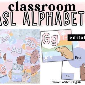 Carteles del alfabeto ASL (lenguaje de señas americano), decoración moderna del aula en colores pastel, alfabeto socioemocional, EDITABLE