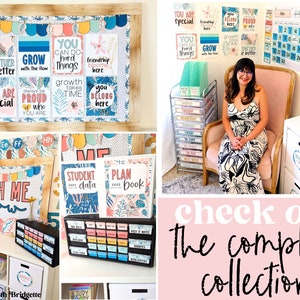 Op de afbeelding: Een collage van afbeeldingen die een klasdecoratie met een tropisch thema laten zien. De decoratie omvat posters met motiverende citaten, een kalender en verschillende organisatiehulpmiddelen. De tekst op de posters bevat zinnen als "Jij bent speciaal", "Groei met de stroom" en "Samen is beter".