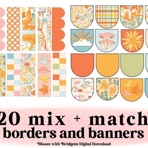 May include: Twenty mix and match borders and banners in a retro style with various patterns and colors, including plaid, floral, and geometric designs.  The text "20 mix + match borders and banners" is written in black on a pink background.