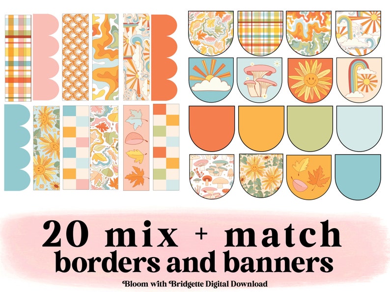 May include: Twenty mix and match borders and banners in a retro style with various patterns and colors, including plaid, floral, and geometric designs.  The text "20 mix + match borders and banners" is written in black on a pink background.