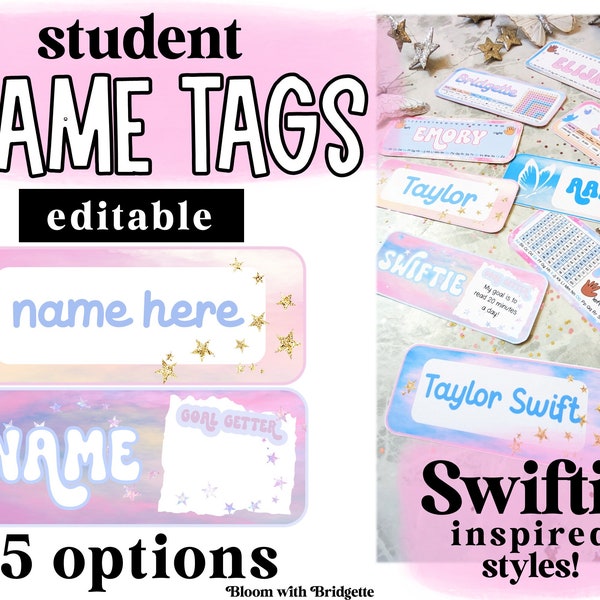 Swiftie Inspired Student Name Tags, Editable Name Plates, Pastel Classroom Decor, Calm Classroom Theme, Swiftie Inspired Classroom Decor