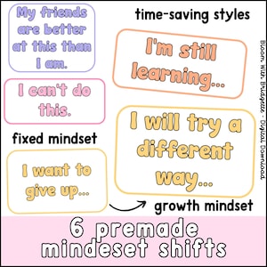K&ouml;nnte beinhalten: Eine rosa und gelbe Grafik mit dem Text "Meine Freunde sind besser darin als ich." und "Ich kann das nicht." in einem lila Kasten mit der Bezeichnung "feste Denkweise". Der Text "Ich m&ouml;chte aufgeben..." befindet sich in einem gelben Kasten. Der Text "zeitsparende Stile" befindet sich in einem Pfirsichkasten mit dem Text "Ich lerne noch..." in einem Pfirsichkasten. Der Text "Ich werde einen anderen Weg versuchen..." befindet sich in einem gelben Kasten. Der Text "Wachstumsmindset" befindet sich in einem rosa Kasten. Ein Pfeil zeigt vom gelben Kasten zum rosa Kasten. Der Text "6 vorgefertigte Denkweise-Verschiebungen" befindet sich in einem rosa Kasten.