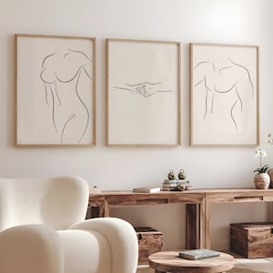 Juego de impresión de arte de línea de pareja de 3, póster minimalista, arte de línea corporal, mujer y hombre sosteniendo las manos, dibujo de línea, arte de pared, regalo de pareja