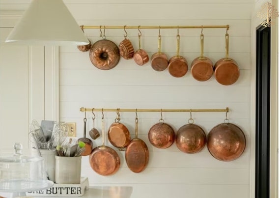 Unlacquered Brass Wall Mounted Pot Rack With Hooks