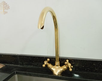 Double Cross Handle Gooseneck Faucet with Aerator: Antique Solid Brass Moroccan Craftsmanship