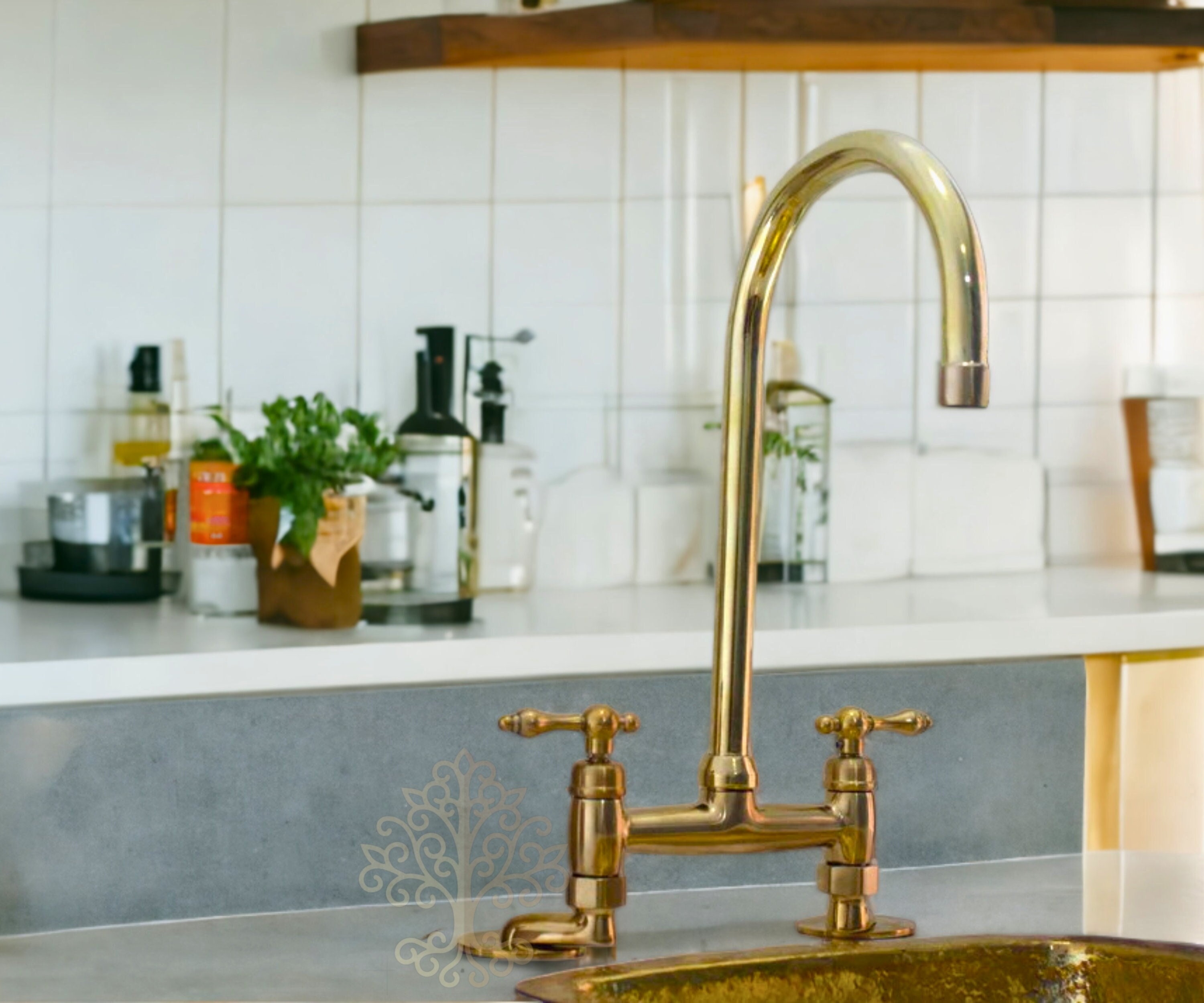 Vintage Patina, Solid Brass Bridge Kitchen Faucet, Curved Legs ...