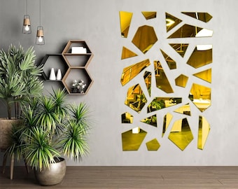 Self adhesive broken mirror wall decor, mirrored decorative acrylic panels, colorful multi piece acrylic mirrors, living room wall decor set