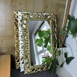 Large vintage wall mirror, carved wood wall décor, decorative oak frame mirror, white rectangular antique style mirror, gold baroque mirror
